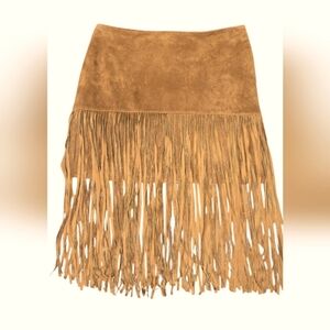 100% Suede Leather Fringed Tan BOHO Skirt Size 7 by Rampage